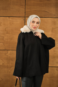 Peluş Yaka Ceket Siyah