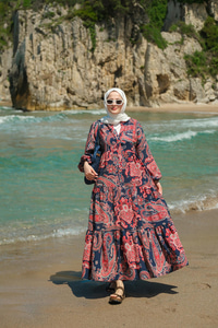 Pera Motif Desenli Elbise Lacivert