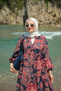 Pera Motif Desenli Elbise Lacivert