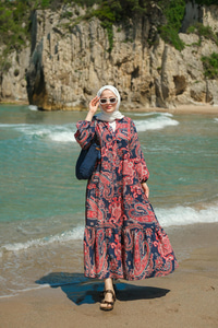 Pera Motif Desenli Elbise Lacivert