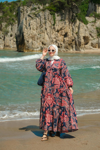 Pera Motif Desenli Elbise Lacivert