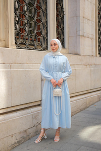 Pile Detay Bel Bağlamalı Elbise Açık Mavi