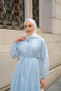 Pile Detay Bel Bağlamalı Elbise Açık Mavi