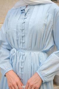 Pile Detay Bel Bağlamalı Elbise Açık Mavi