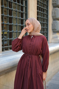 Pile Detay Bel Bağlamalı Elbise Bordo