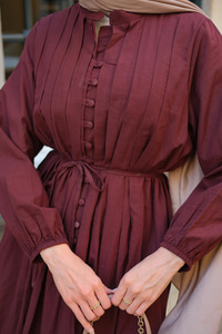 Pile Detay Bel Bağlamalı Elbise Bordo