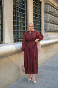 Pile Detay Bel Bağlamalı Elbise Bordo