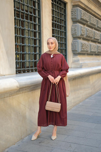 Pile Detay Bel Bağlamalı Elbise Bordo