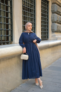 Pile Detay Bel Bağlamalı Elbise Lacivert