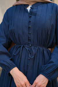 Pile Detay Bel Bağlamalı Elbise Lacivert