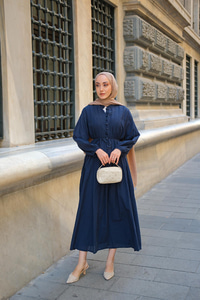 Pile Detay Bel Bağlamalı Elbise Lacivert