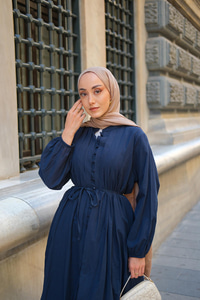 Pile Detay Bel Bağlamalı Elbise Lacivert