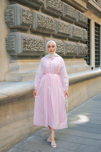 Pile Detay Bel Bağlamalı Elbise Pembe
