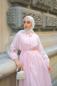 Pile Detay Bel Bağlamalı Elbise Pembe