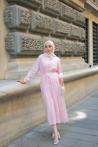 Pile Detay Bel Bağlamalı Elbise Pembe