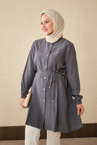 Pile Detay Bel Bağlamalı Uzun Gömlek Antrasit