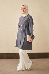 Pile Detay Bel Bağlamalı Uzun Gömlek Antrasit