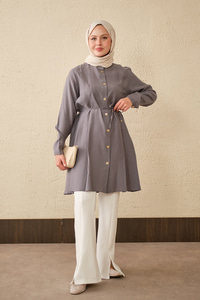 Pile Detay Bel Bağlamalı Uzun Gömlek Gri