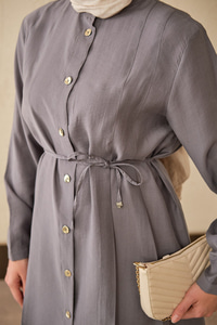 Pile Detay Bel Bağlamalı Uzun Gömlek Gri