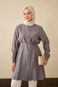 Pile Detay Bel Bağlamalı Uzun Gömlek Gri