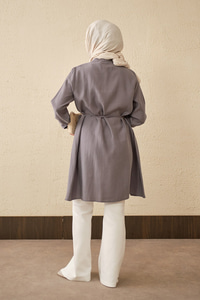 Pile Detay Bel Bağlamalı Uzun Gömlek Gri