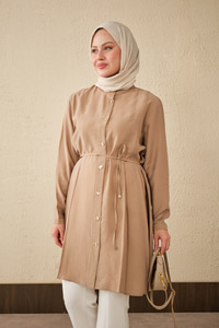 Pile Detay Bel Bağlamalı Uzun Gömlek Vizon