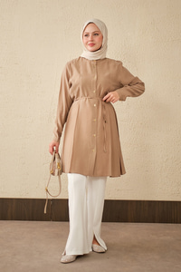 Pile Detay Bel Bağlamalı Uzun Gömlek Vizon