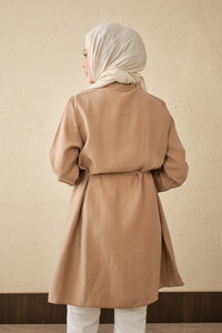 Pile Detay Bel Bağlamalı Uzun Gömlek Vizon