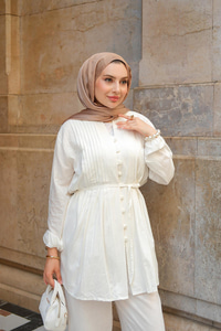 Pile Detay Düğmeli Takım Ekru