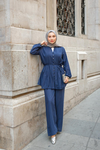 Pile Detay Düğmeli Takım Lacivert