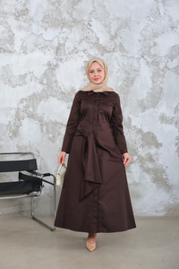 Pile Detay Elbise Kahverengi