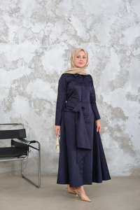 Pile Detay Elbise Lacivert