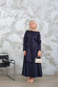 Pile Detay Elbise Lacivert