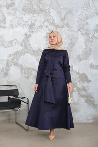 Pile Detay Elbise Lacivert