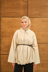 Pile Detay Gabardin Ceket Krem