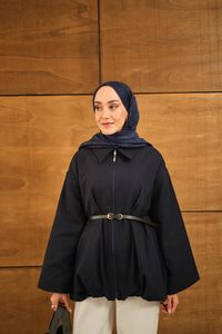 Pile Detay Gabardin Ceket Lacivert