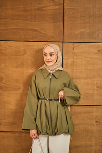 Pile Detay Gabardin Ceket Yeşil