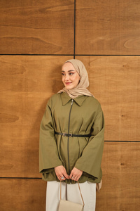 Pile Detay Gabardin Ceket Yeşil