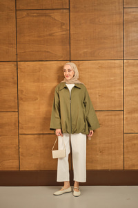 Pile Detay Gabardin Ceket Yeşil