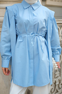 Pile Detay Önü Gizli Düğmeli Gömlek Açık Mavi