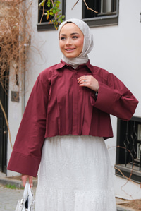 Pile Detay Önü Gizli Düğmeli Gömlek  Bordo