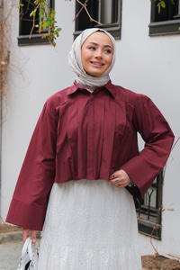 Pile Detay Önü Gizli Düğmeli Gömlek  Bordo