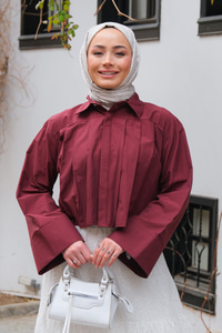 Pile Detay Önü Gizli Düğmeli Gömlek  Bordo