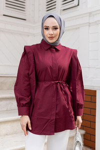 Pile Detay Önü Gizli Düğmeli Gömlek Bordo
