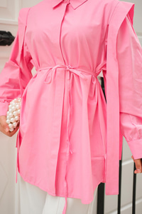 Pile Detay Önü Gizli Düğmeli Gömlek  Koyu Pembe