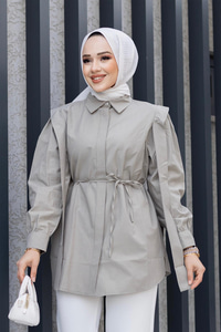 Pile Detay Önü Gizli Düğmeli Gömlek Koyu Gri