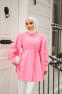 Pile Detay Önü Gizli Düğmeli Gömlek  Koyu Pembe