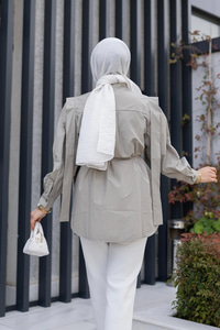 Pile Detay Önü Gizli Düğmeli Gömlek Koyu Gri