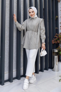 Pile Detay Önü Gizli Düğmeli Gömlek Koyu Gri