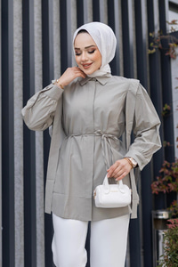 Pile Detay Önü Gizli Düğmeli Gömlek Koyu Gri